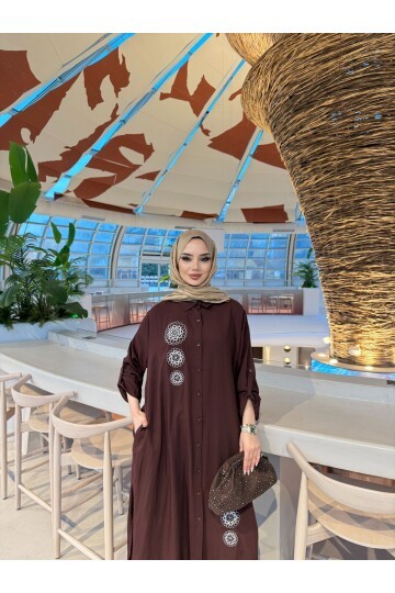 V273 K.Kahve Gümüş Yuvarlak Nakışlı Viskon Takım