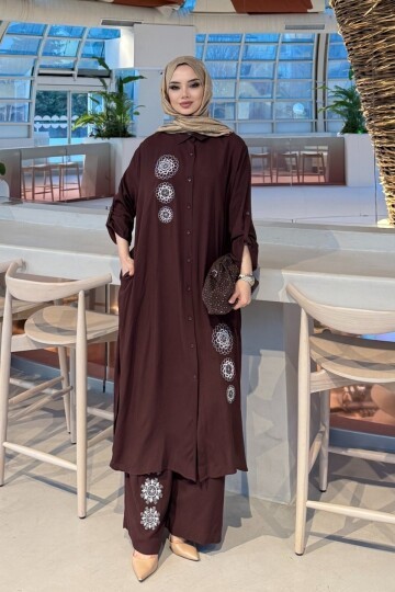 V273 K.Kahve Gümüş Yuvarlak Nakışlı Viskon Takım