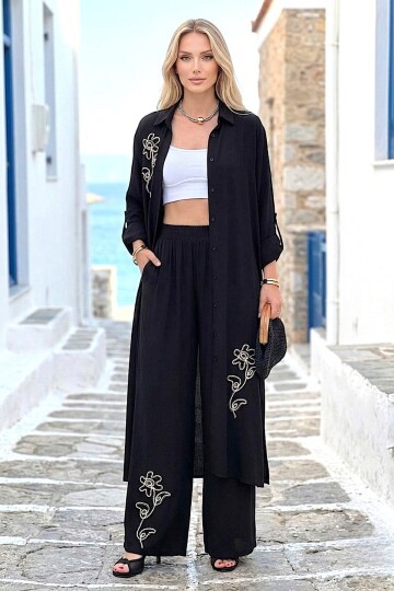 V276 Siyah Alt-Üst Çiçek Nakışlı Takım