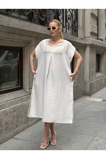 V422 Dantel Detaylı Ay Kol Keten Elbise