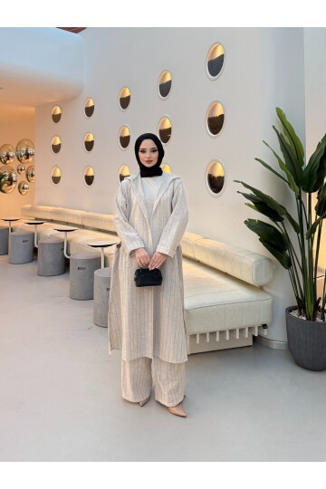 V428 Siyah Çizgili Kapüşonlu Uzun Keten Takım