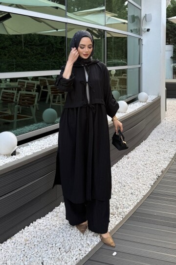 V430 Siyah Önden Bağlamalı Keten Takım