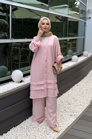 V436 Pembe Keten Gömlek Takım