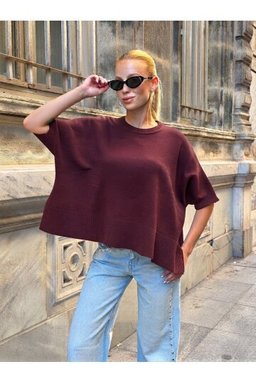 T3311 Bordo Yırtmaçlı Triko