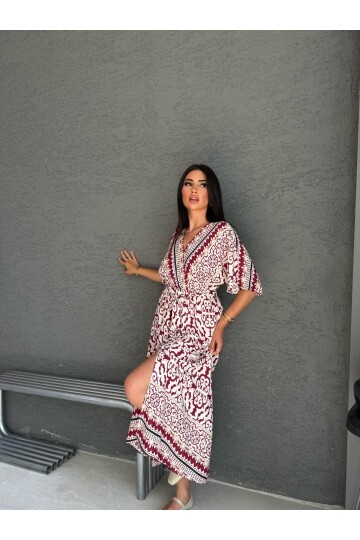 V208 Bordo Kadın V Yaka Gipeli Kemerli Desenli Viskon Elbise