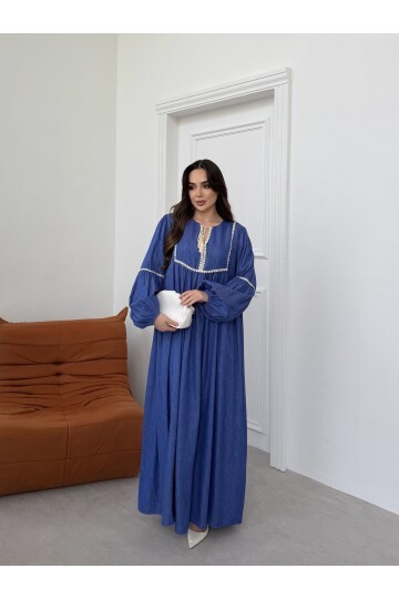V293 Lacivert Şerit Ponponlu Tensel Elbise
