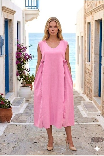 V458 Açık Pembe Bağcıklı Keten Elbise