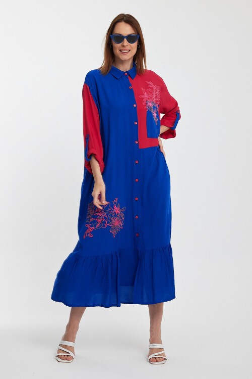 1000 Mavi-Fuşya Etnik Nakışlı Gömlek Elbise
