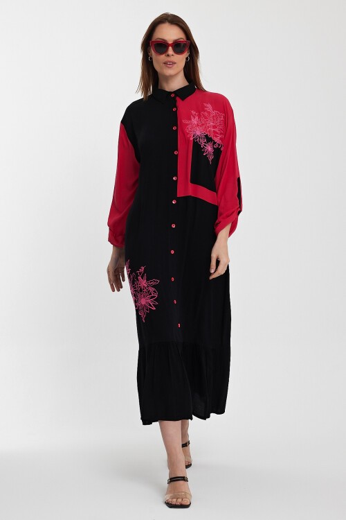 1000 Siyah-Fuşya Etnik Nakışlı Gömlek Elbise