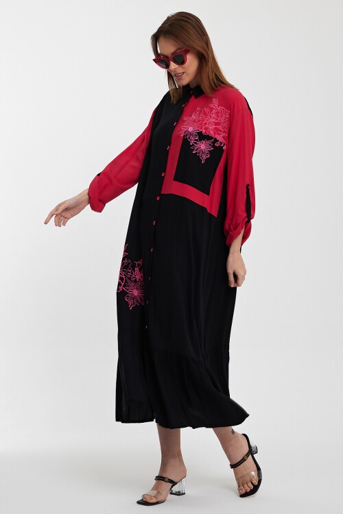 1000 Siyah-Fuşya Etnik Nakışlı Gömlek Elbise