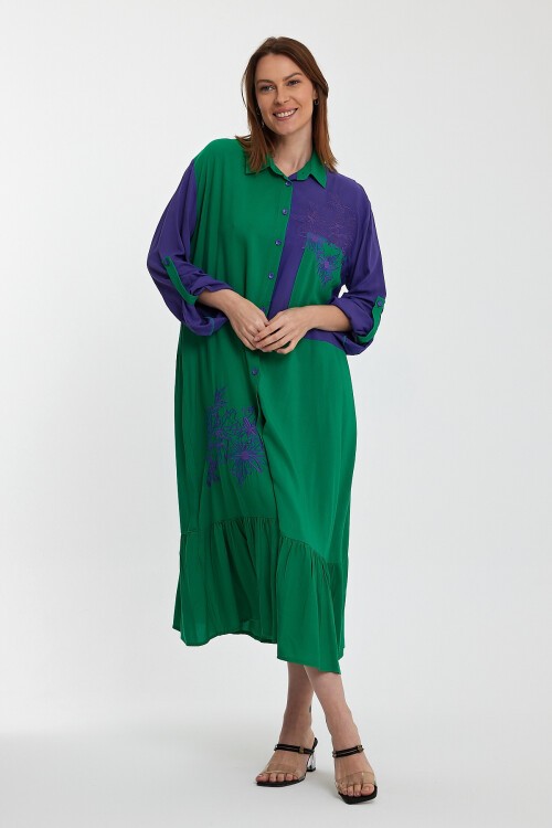 1000 Yeşil-Mor Etnik Nakışlı Gömlek Elbise