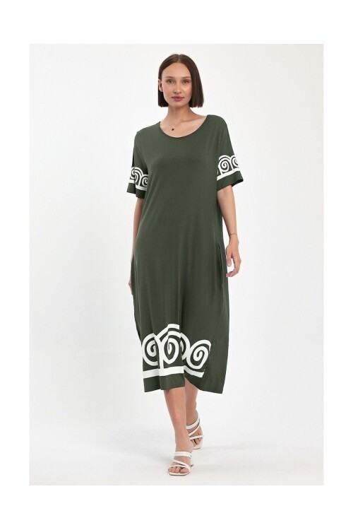 1077 Haki Penye Viskon Baskılı Elbise