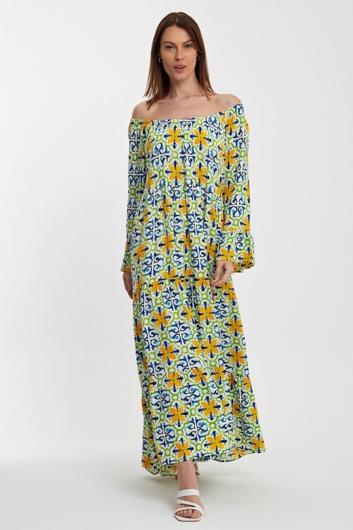 2251 Çiçek Desenli Madonna Yaka Elbise