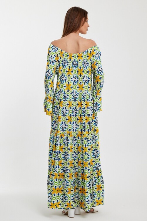 2251 Çiçek Desenli Madonna Yaka Elbise