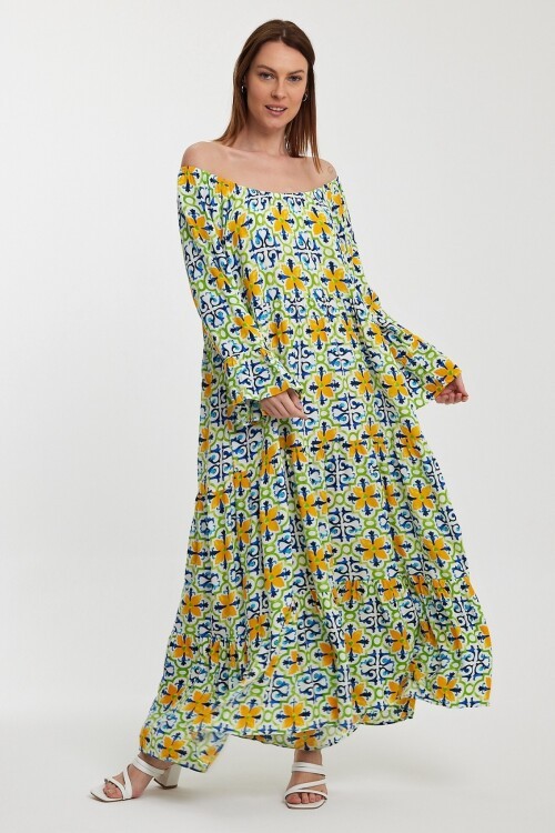 2251 Çiçek Desenli Madonna Yaka Elbise