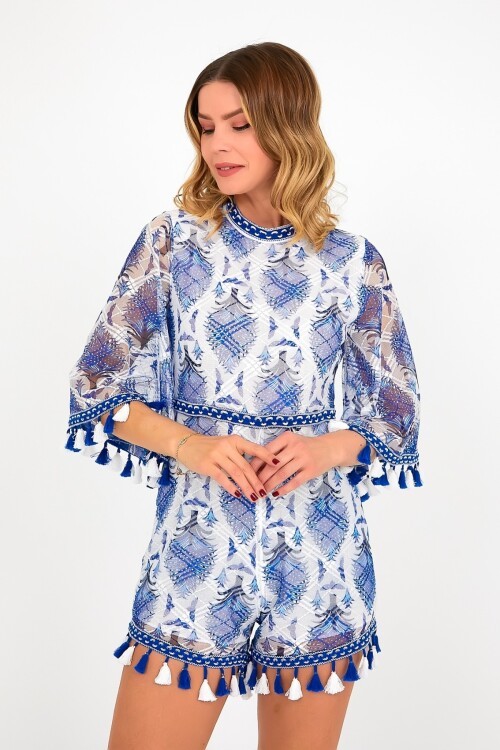 2257 Mavi Kısa Altı Tüylü Elbise