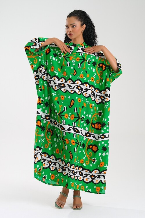 2934 Yeşil Etnik Desenli Elbise