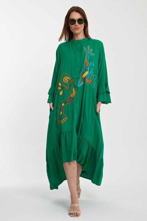 8140 Yeşil Kurbağa Nakışlı Gömlek Elbise
