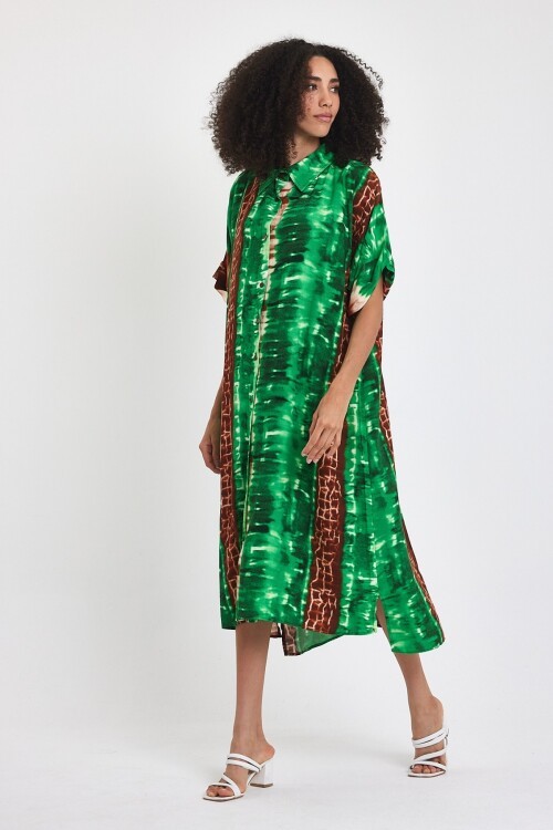 8215 Yeşil Etnik Desenli Gömlek Elbise