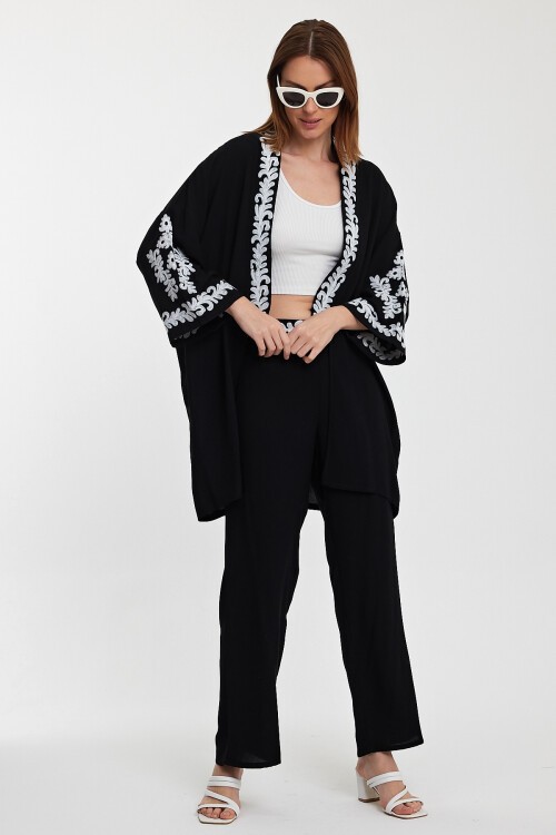 950 Siyah Nakışlı Kimono Pantolon Takım