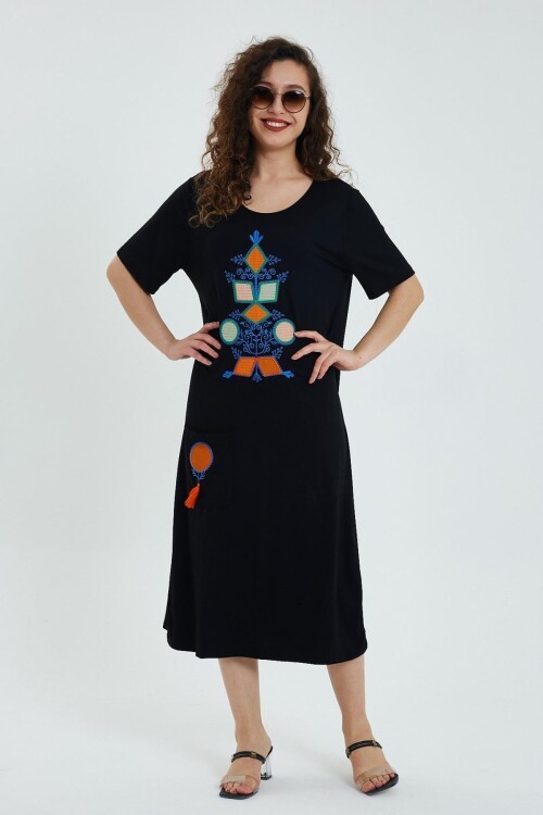 972 Etnik Nakış Detaylı Penye Viskon Elbise