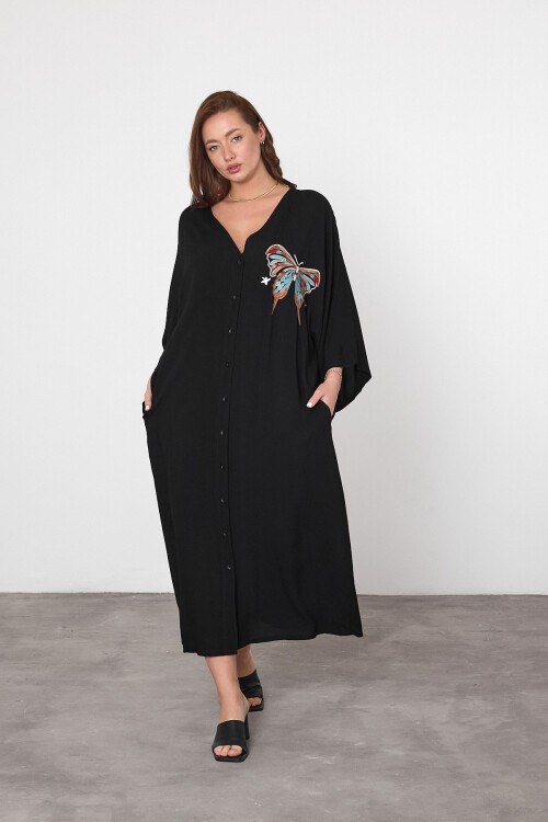 V048 Kelebek Nakış Detaylı Büyük Beden Gömlek Elbise