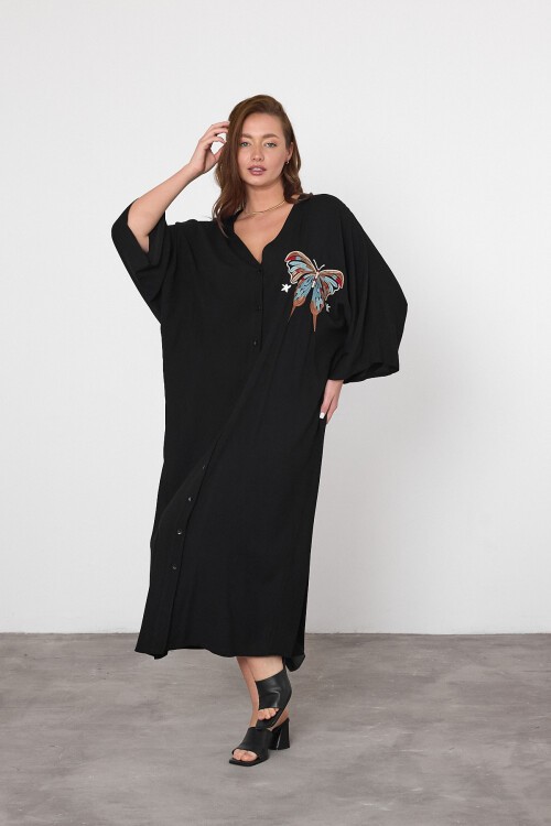 V048 Kelebek Nakış Detaylı Büyük Beden Gömlek Elbise