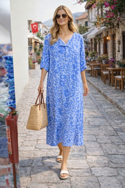 V052 Kadın Kollu Desenli Elbise