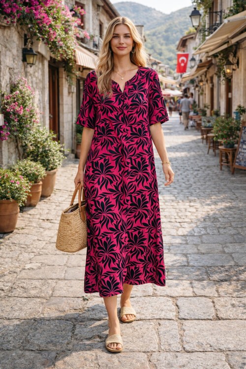 V052 Kadın Kollu Desenli Elbise