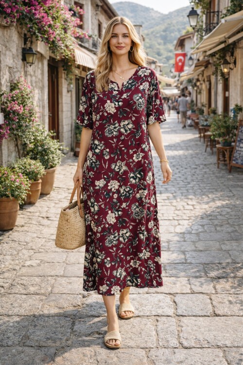 V052 Kadın Kollu Desenli Elbise