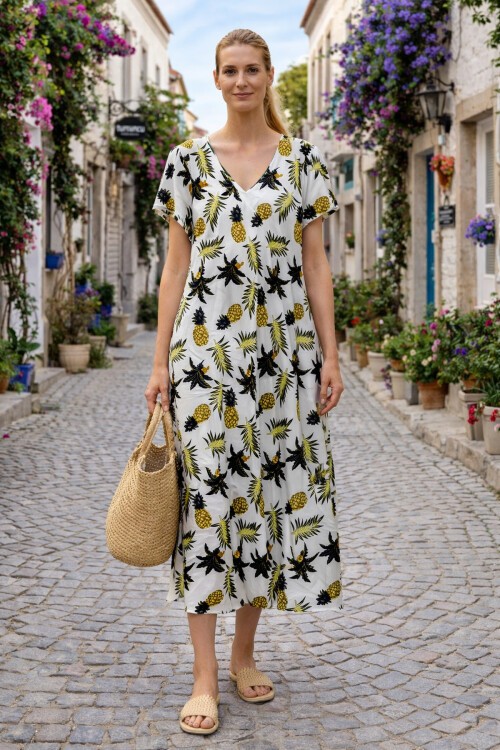 V100 Kadın Kollu V Yaka Elbise 