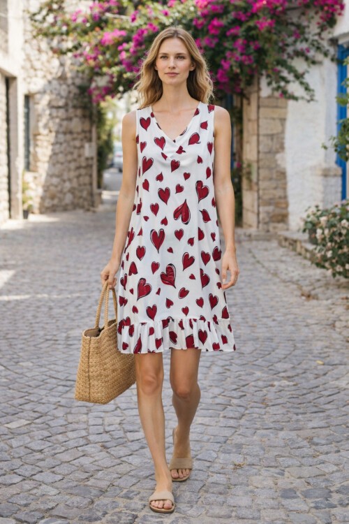 V103 Kadın Askılı V Yaka Eteği Fırfırlı Elbise