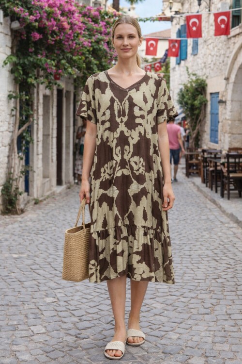 V14 Kadın Kollu Eteği Fırfırlı Elbise