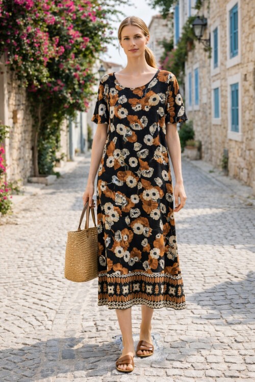 V144 Kadın Kollu Eteği Sulu Elbise