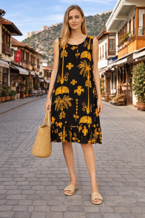 V145 Kadın Askılı Bisiklet Yaka Eteği Fırfırlı Elbise