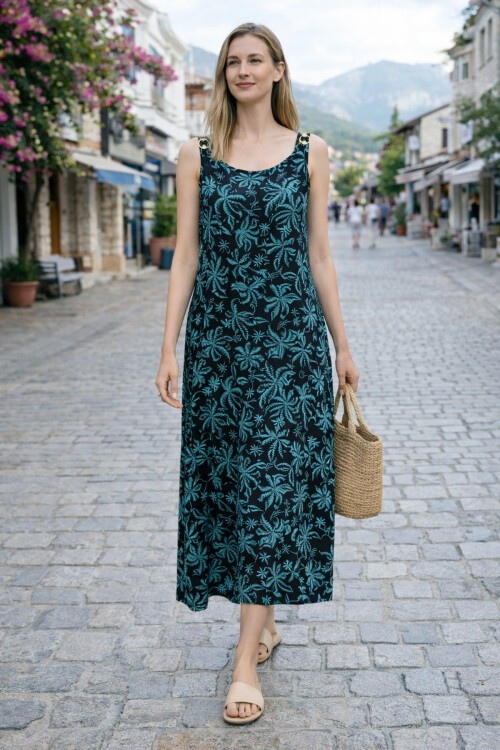 V154 Askılı Omzu Boncuk Detaylı Elbise