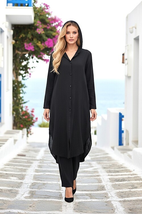 V407 Siyah Keten Gömlek Takım