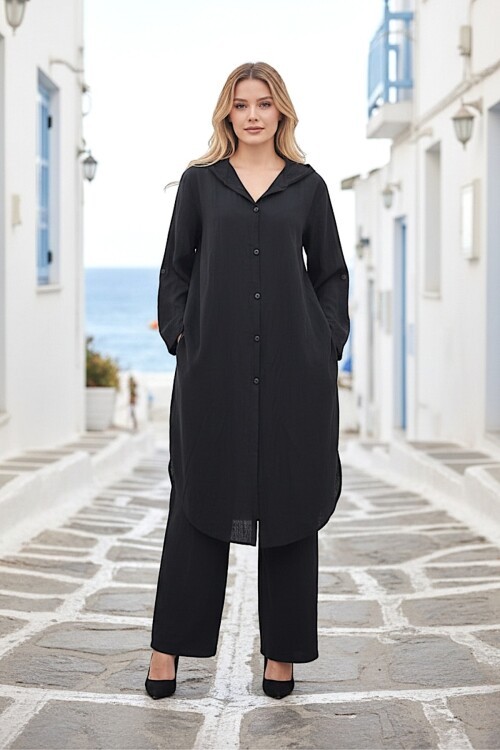 V407 Siyah Keten Gömlek Takım