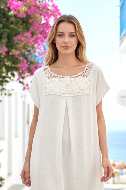 V422 Dantel Detaylı Ay Kol Keten Elbise