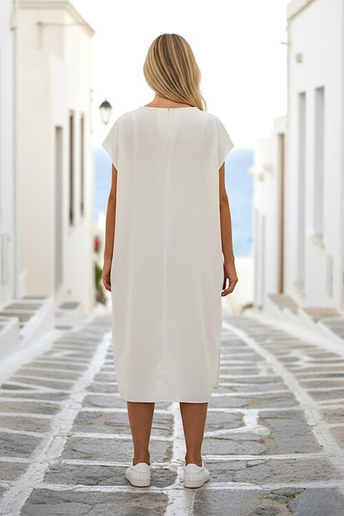 V422 Dantel Detaylı Ay Kol Keten Elbise