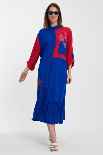 1000 Mavi-Fuşya Etnik Nakışlı Gömlek Elbise