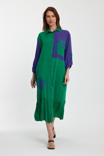 1000 Yeşil-Mor Etnik Nakışlı Gömlek Elbise