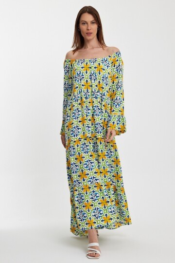 2251 Çiçek Desenli Madonna Yaka Elbise