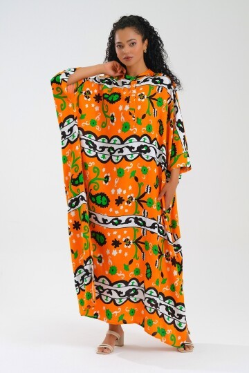 2934 Turuncu Etnik Desenli Elbise