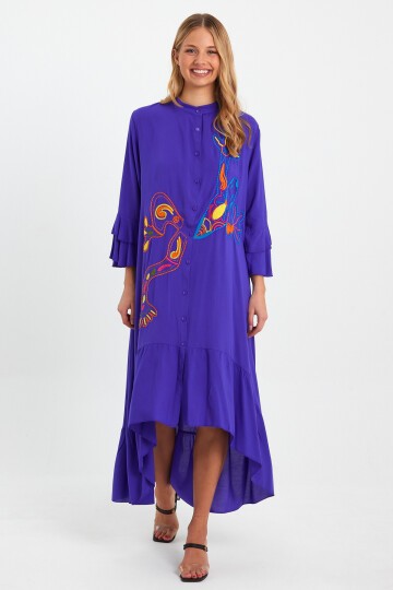 8140 Mor Kurbağa Nakışlı Gömlek Elbise