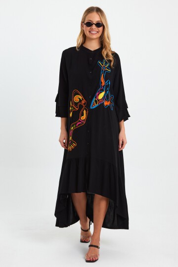8140 Siyah Kurbağa Nakışlı Gömlek Elbise
