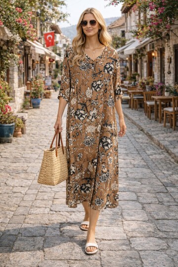 V052 Kadın Kollu Desenli Elbise