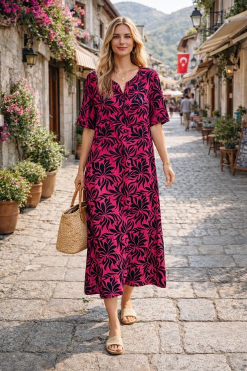 V052 Kadın Kollu Desenli Elbise