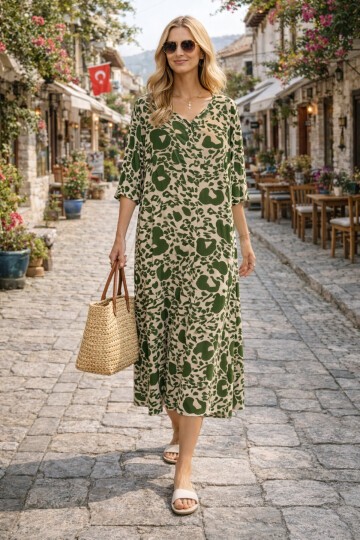 V052 Kadın Kollu Desenli Elbise