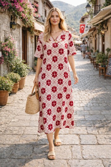 V052 Kadın Kollu Desenli Elbise